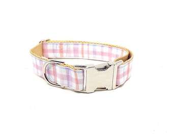 Pastel Plaid Dog Collar, Spring Dog Collar, Summer Dog Collar, Nickel Hardware, Preppy Collar, Checkered Collar, Pink Blue Orange Plaid