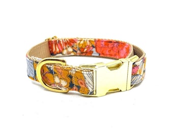 Flannel Floral Dog Collar - Fall/Winter Dog Collar - Brass Hardware - Gold Buckle - Autumn Collar - Fleece - boho dog collar - girl dog