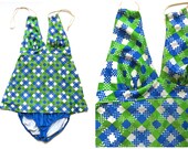 Vintage Two-Piece Bathing Suit Blue and Green Women 39 s Swimsuit 1960 39 s Vintage Swimwear Tankini Playsuit Checker Ginham Plaid Mod XXS
