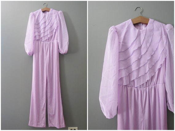 Vintage Purple Jumpsuit // Ruffled Polyester Pants