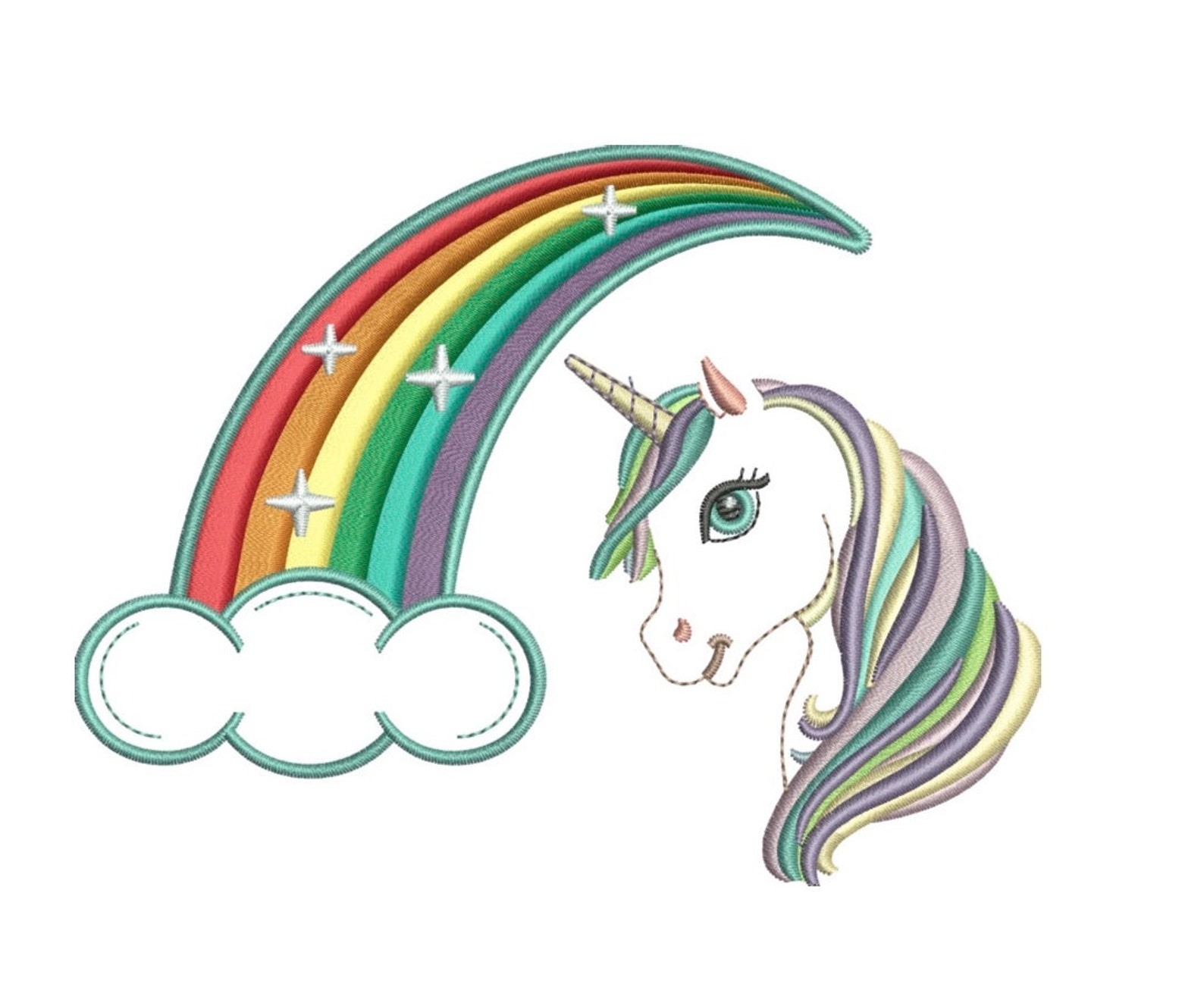 Machine Embroidery Design Unicorn With Rainbow and Cloud Outline Girly