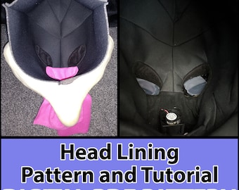 May include: A digital PDF pattern for a head lining, with a tutorial. The pattern is for a head lining for a costume or mask. The image shows the inside of a head lining, with a pink fabric lining the inside of the head lining. The image also shows a fan inside the head lining.