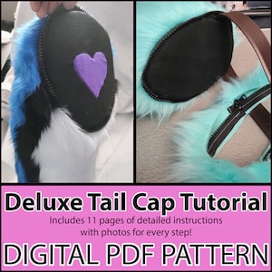 May include: A close-up of a deluxe tail cap with a black base and a purple heart. The tail is blue, black, and white. The image also includes the text "Deluxe Tail Cap Tutorial" and "DIGITAL PDF PATTERN".