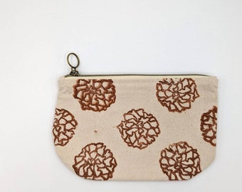 Marigold Block Printed Zip Pouch: Botanical Canvas Clutch with Divider
