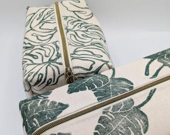 Monstera Hand Printed Canvas Dopp Kit: Travel Toiletry Bag