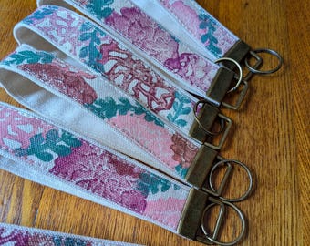 Keychain, KeyFob Wristlet Pink Floral Block Printed Canvas