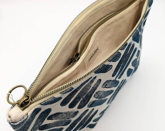 Indigo Abstract Print Double Zip Pouch: Hand-Printed Cosmetic Bag