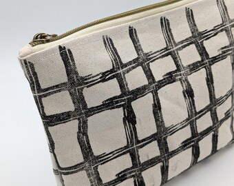 Black Minimalist Block Printed Double Zip Pouch