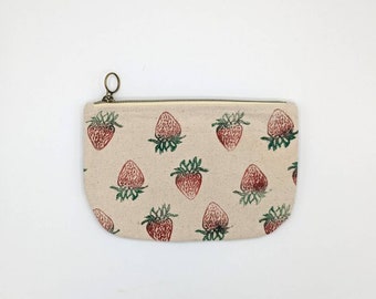 Strawberry Block Printed Zip Pouch: Handmade Cotton Canvas Bag