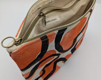 Orange Pink Abstract Blob Block Printed Double Zip Pouch