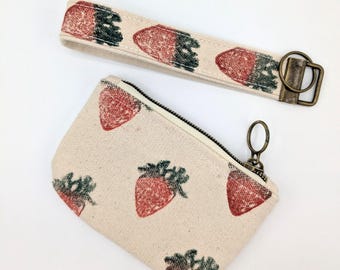 Mini Pouch & Key Fob, Strawberry Block Printed Cotton Canvas