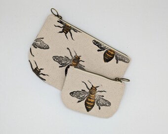 Bee Zip Pouch: Block Printed Cotton Canvas Pencil Case