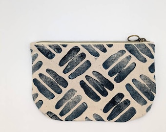 Abstract Geometric Blue 3 Line Block Printed Handmade Half Moon Zip Pouch