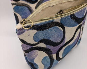 Blue Purple Abstract Blob Block Printed Double Zip Pouch