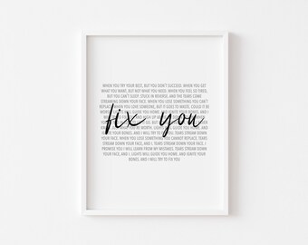 Fix You White Heart Song Lyric Quote Print