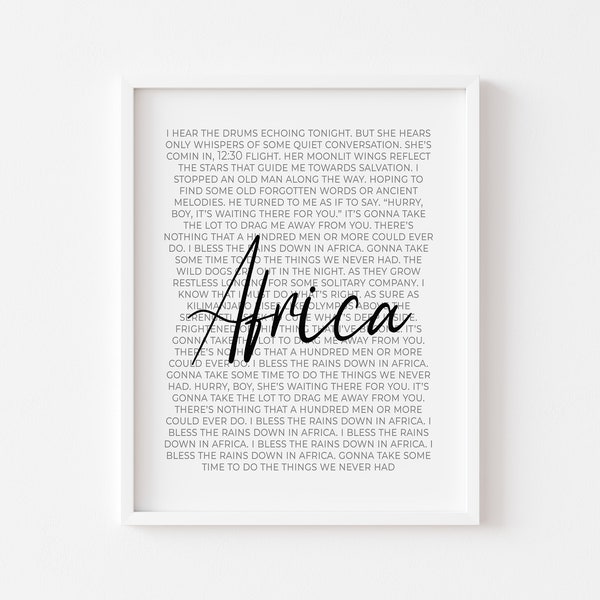 Africa Song Print | Digital Download | Song Lyrics | Music | Album | Soundtrack | 80's | Birthday | Gift | TV | Movies | Toto | Printable