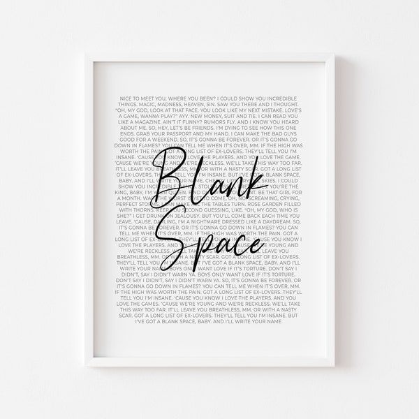 Blank Space Lyrics Print | Digital Download | 1989 Print | Song Lyrics Wall Art | Song Lyrics Print | Music Print