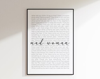 Mad Woman Song Print | Digital Download | Song Print | Song Lyrics | Lyrics Print | Music Print | Wall Art