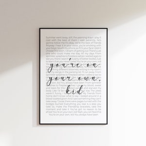 You&#39;re On Your Own Kid Song Print | Digital Download | Song Lyrics Print | Wall Art | Poster | Instant Download | Gift | Lyrics