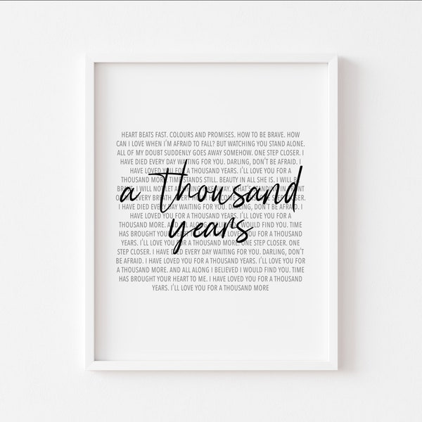 A Thousand Years Print // Téléchargement numérique // Impression des paroles de chansons // Affiche des paroles de chansons //Mariage