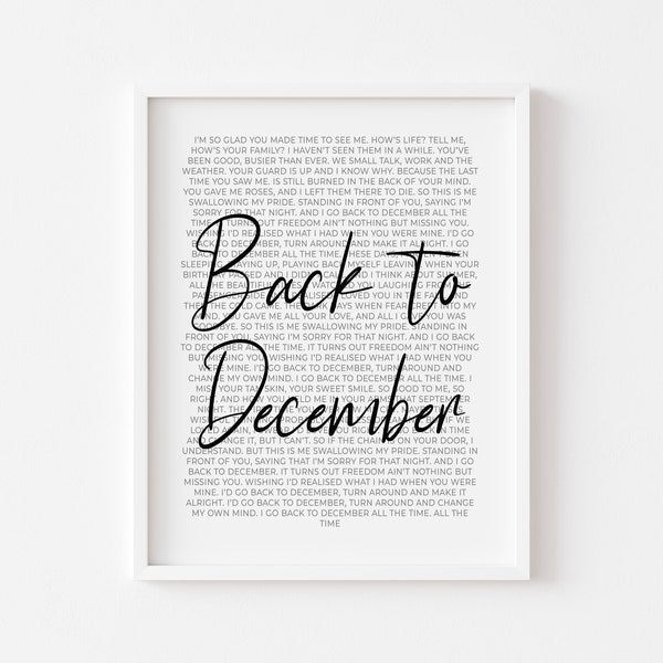 Back To December Song Print | Digital Download | Song Lyrics | Song Poster | Speak Now | Album Art | Music Print | Lyrics Art | Wall Art