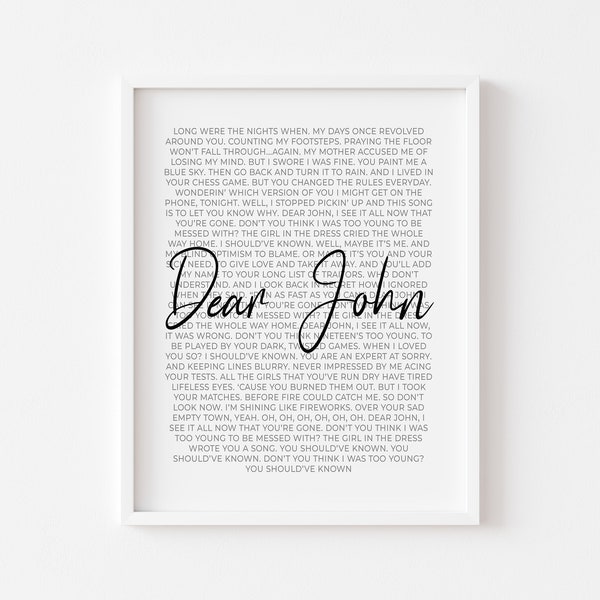 Dear John Song Print | Digital Download | Song Lyrics Print | Music Print | Lyrics Art | Wall Art | Gift | Breakup Song | Speak Now