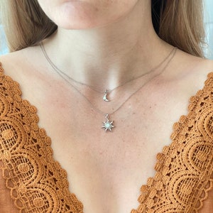 Silver Sun & Moon Necklace Set | Friendship Necklace | Minimalist Silver Opal Layering Necklace
