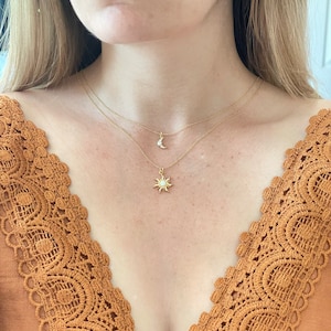 Gold Sun & Moon Necklace Set | Friendship Necklace | Minimalist Gold Opal Layering Necklace