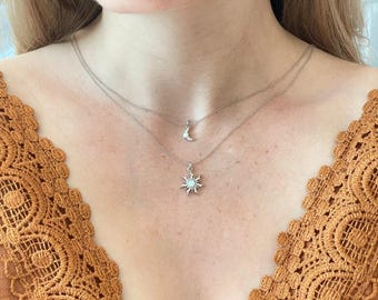 Silver Sun & Moon Necklace Set | Friendship Necklace | Minimalist Silver Opal Layering Necklace