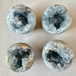 May include: Four blue celestite crystal spheres with a hollow center and a rough exterior. The spheres are arranged in a square pattern on a light gray surface.