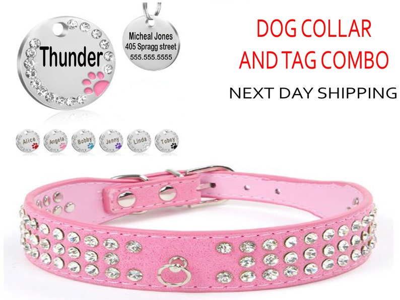 SSC Dog Tag and collar Custom Personalized Leather Rhinestone pet ID tag and collar for Dogs Cats PO9988 Stainless steel Dog Cat Pet tag