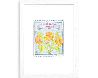 California Poppies Seed Packet - Watercolor Print for Home Decor / Kitchen