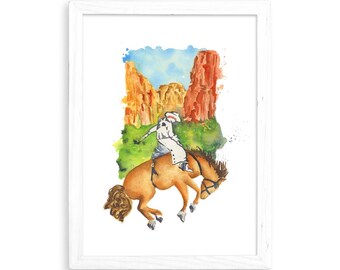 Cowboy Landscape - Watercolor Print for Home Decor / Kitchen