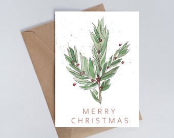 Merry Christmas Mistletoe Postcard / Greeting Card with Envelope / Watercolor Original Artwork