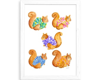 Puffer Squirrels - Watercolor Home Decor / Kitchen