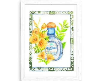 Floral Tequila (Talavera Style) - Watercolor Print for Home Decor / Kitchen