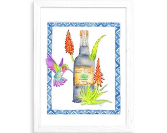 Hummingbird Tequila (Talavera Style) - Watercolor Print for Home Decor / Kitchen