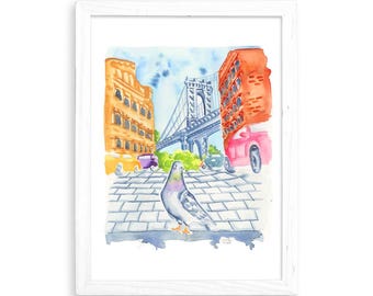 Brooklyn Pigeon - Watercolor Print for Home Decor / Kitchen