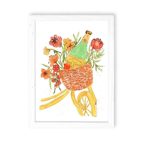 Veuve Clicquot Champagne Bicycle Basket / Watercolor Illustration Art Print for Home Decor