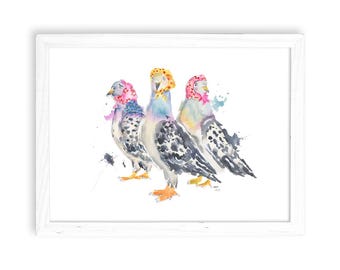 Babushka Pigeons - Watercolor Home Decor / Kitchen