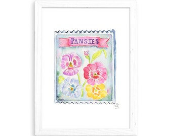 Pansies Seed Packets - Watercolor Print for Home Decor / Kitchen