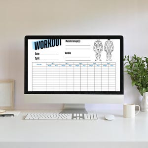 May include: A computer screen displaying a printable workout log template. The template includes sections for date, split, muscle group, cardio, and a table to track exercises, sets, reps, and weight. The template is designed for fitness enthusiasts to track their workouts.