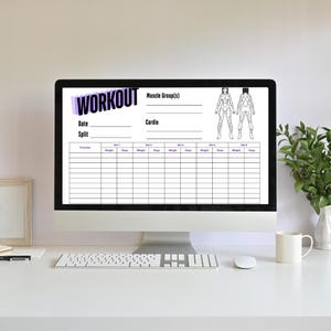Puede incluir: Una pantalla de ordenador que muestra una plantilla de registro de entrenamiento imprimible. La plantilla incluye secciones para la fecha, la división, el grupo muscular, el cardio y los detalles del ejercicio. La plantilla también incluye un simple dibujo de línea del cuerpo de una persona.