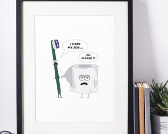 Affiche humoristique « Brosse + Rouleau » pour salle de bain, 20 x 25 cm, encadrée (sans cadre)