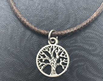 Family Tree Charm Necklace, Waxed Cotton Cord, Tibetan Silver Charm, Adjustable 18 inch, Brown, For Mom, Christmas, Minimalistic