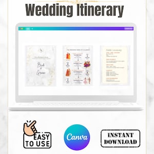 May include: A digital South Asian Wedding Itinerary template displayed on a laptop screen, featuring three pages with event details, dates, and locations. Below the laptop are icons for Easy to Use, Canva, and Instant Download, with text below.
