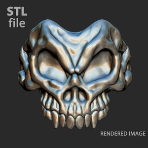 May include: A 3D rendered image of a silver skull with a menacing expression. The skull has a detailed design with sharp teeth and a prominent brow.