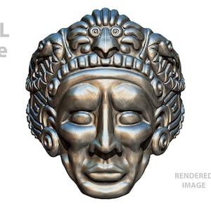 May include: A silver-colored 3D printed mask of a face with intricate details. The face has a headdress with a bird on top. The mask is a STL file.