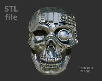 May include: A silver skull with a mechanical eye and other metallic details. The skull is rendered in 3D and has a realistic appearance. The text "STL file" is visible in the upper left corner of the image. The text "RENDERED IMAGE" is visible in the lower right corner of the image.