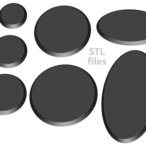 Könnte beinhalten: Fünf schwarze, runde und ovale Sockel für Miniaturfiguren. Die Sockel sind glatt und haben eine leichte Fase an den Rändern. Der Text "STL files" ist im Bild sichtbar.